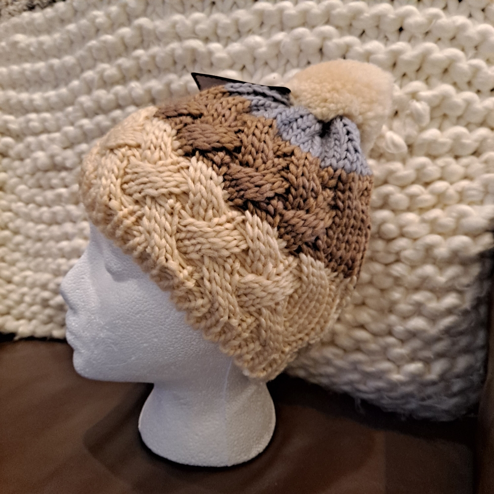 Arctic Paw Chunky Knit Pom-Pom Beanie - Cream, Brown, Blue